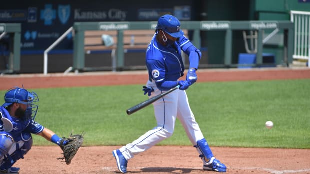 Jul 7, 2020; Kansas City, Missouri, United States; Kansas City Royals outfielder Seuly Matias (99) at bat during an intrasquad game at Kauffman Stadium. Mandatory Credit: Denny Medley-USA TODAY Sports
